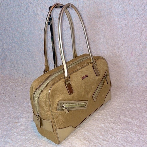 Gucci GG Guccissima Gold Metallic Leather & Canvas Vintage Shoulder Bag Purse - Picture 5 of 17